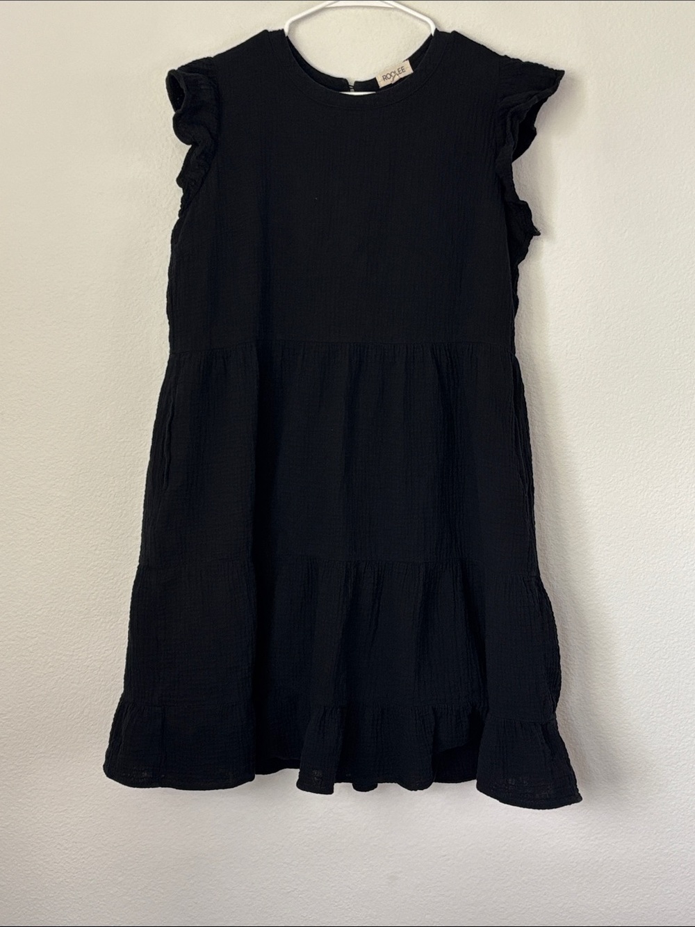 Roolee Black Ruffle Sleeve Tiered Gauze Midi Dress Lined Casual Euro Summer